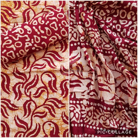 Off white with brownish maroon Batik printed three piece pure merserised cotton suit. Dress material is printed with abstract floral motif.
