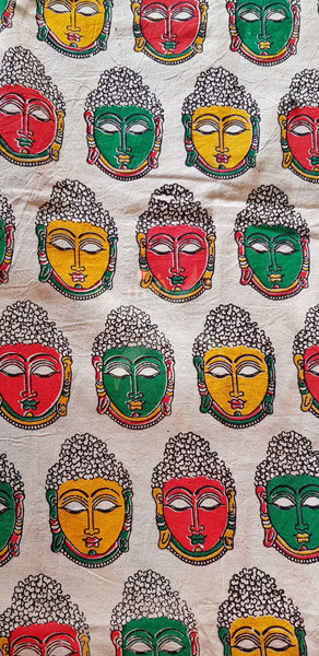 Off white handloom cotton kalamkari with traditional buddha face motifs. Width of the fabric is up to 43 inches