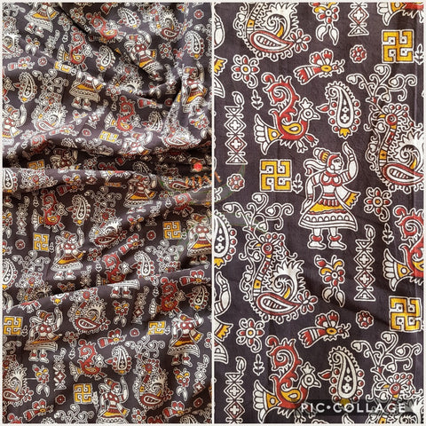 Brown handloom mul cotton kalamkari with traditional motifs. Width of the fabric is up to 43 inches