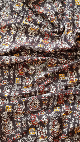Brown handloom mul cotton kalamkari with traditional motifs. Width of the fabric is up to 43 inches