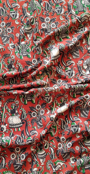 Maroon red handloom cotton kalamkari with traditional motifs. Width of the fabric is up to 43 inches