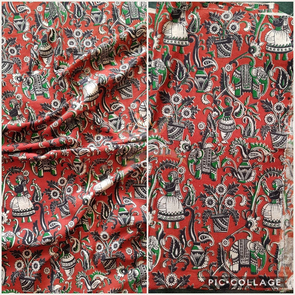 Maroon red handloom cotton kalamkari with traditional motifs. Width of the fabric is up to 43 inches