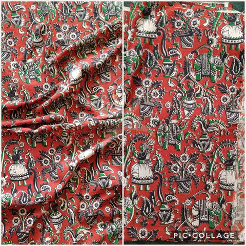Maroon red handloom cotton kalamkari with traditional motifs. Width of the fabric is up to 43 inches