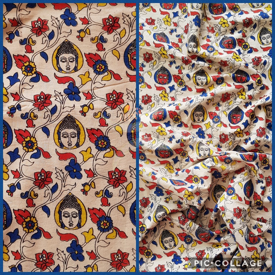 Off white handloom cotton kalamkari with traditional buddha face and floral motifs. Width of the fabric is up to 43 inches