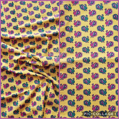 Yellow handloom cotton kalamkari with traditional peacock motifs. Width of the fabric is up to 43 inches