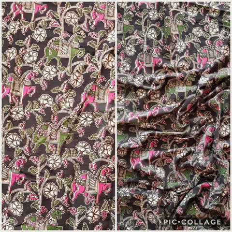 Black handloom cotton kalamkari with traditional horse motifs. Width of the fabric is up to 43 inches.