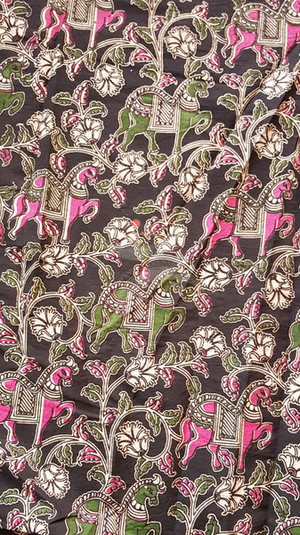 Black handloom cotton kalamkari with traditional horse motifs. Width of the fabric is up to 43 inches.
