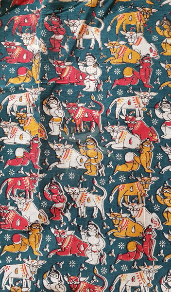 Bottle green handloom cotton kalamkari with traditional motifs. Width of the fabric is up to 43 inches.