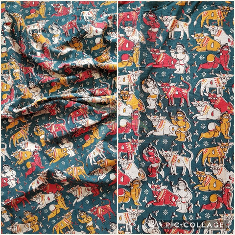 Bottle green handloom cotton kalamkari with traditional motifs. Width of the fabric is up to 43 inches.