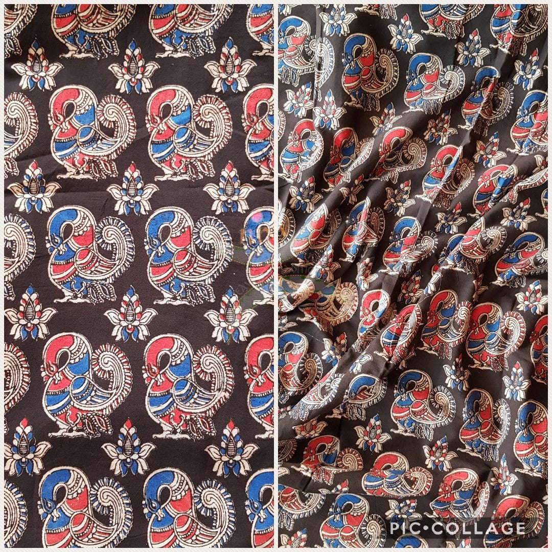 Black handloom cotton kalamkari with traditional peacock motifs. Width of the fabric is up to 43 inches.
