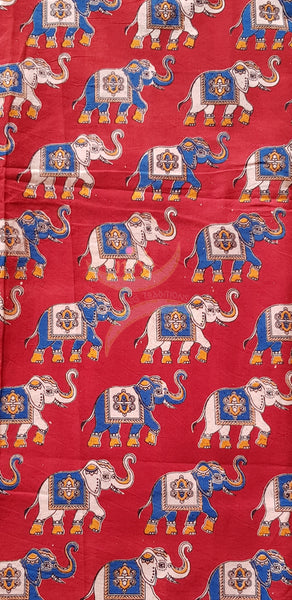 Red handloom cotton kalamkari with traditional Elephant motifs. Width of the fabric is up to 43 inches.