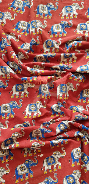 Red handloom cotton kalamkari with traditional Elephant motifs. Width of the fabric is up to 43 inches.