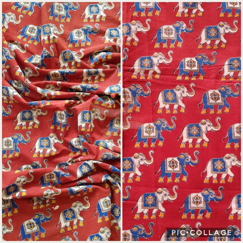 Red handloom cotton kalamkari with traditional Elephant motifs. Width of the fabric is up to 43 inches.