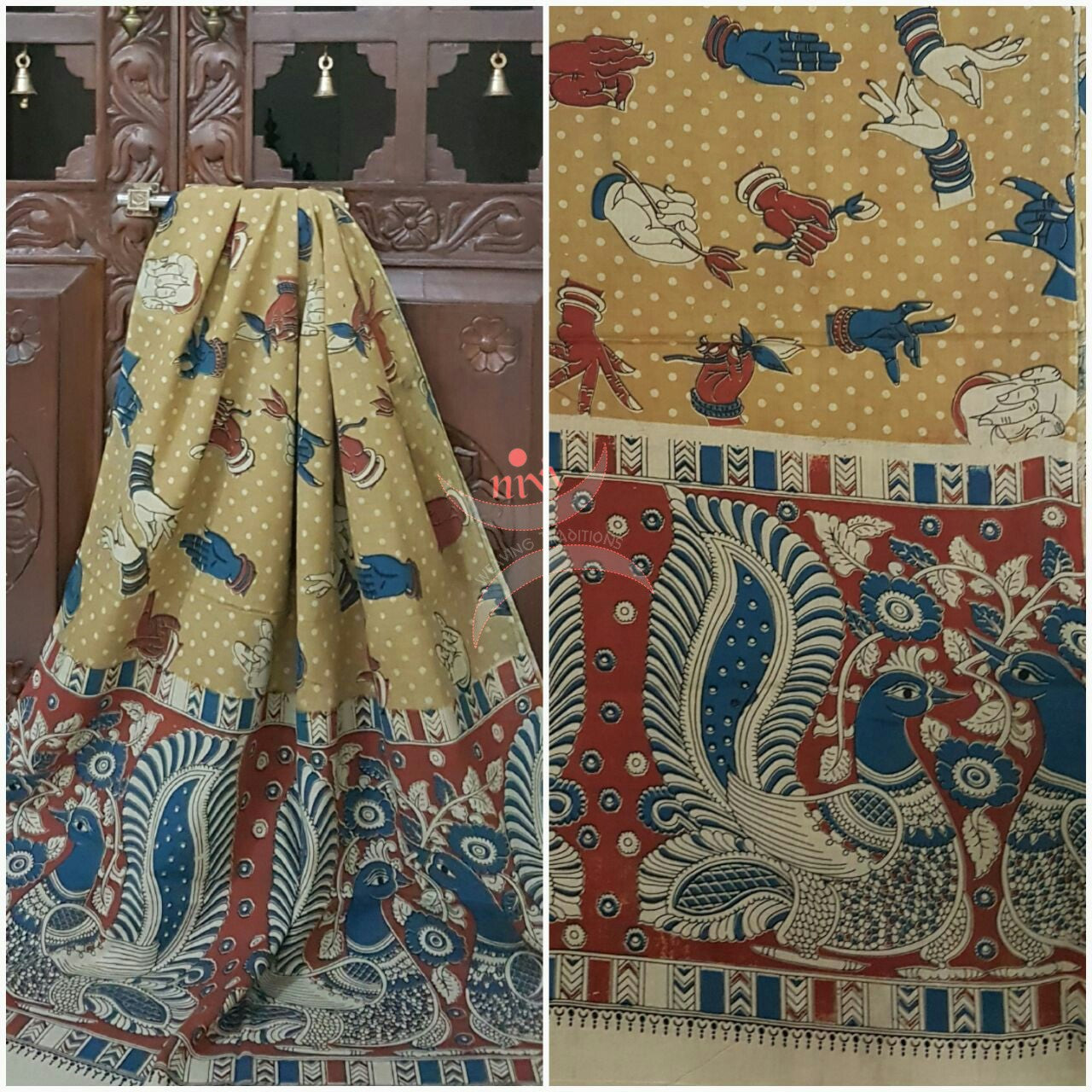 Yellow Handloom cotton kalamkari duppata with hand mudra and peacock motif.