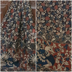 Black Handloom cotton kalamkari duppata with floral and peacock motif.