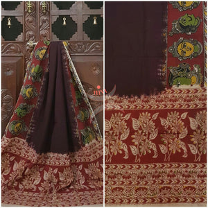 Maroon Handloom Mul cotton kalamkari duppata with Kathakali face and floral motif
