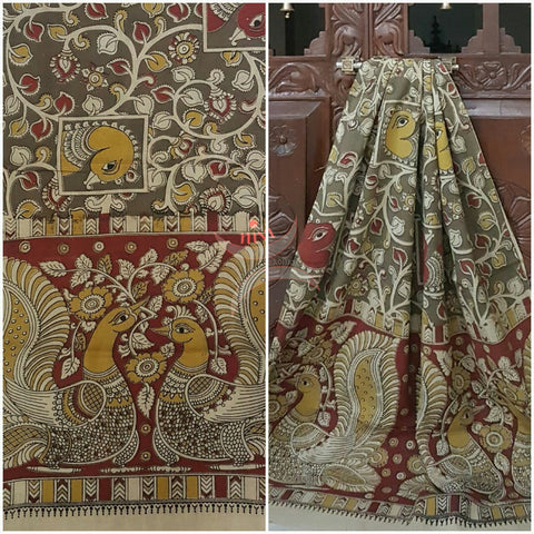 Mehendi green Handloom cotton kalamkari duppata with floral and peacock motif.