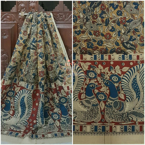 Yellow Handloom cotton kalamkari duppata with floral and peacock motif.