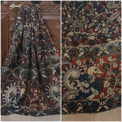 Black Handloom cotton kalamkari duppata with floral and peacock motif.