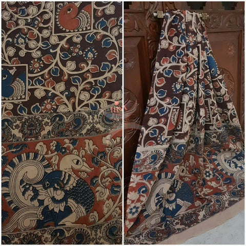 Brown Handloom cotton kalamkari duppata with floral and peacock motif.