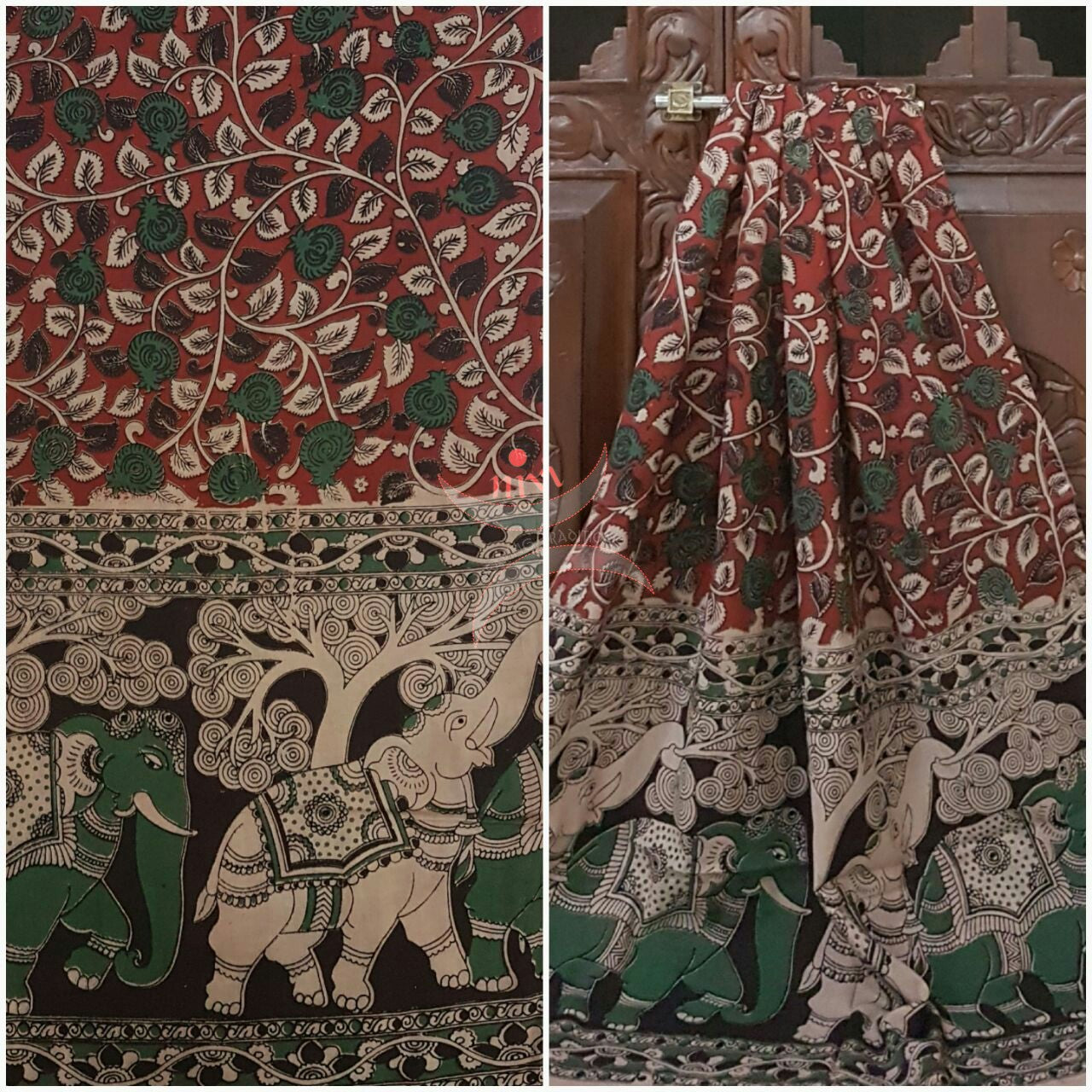 Red Handloom cotton kalamkari duppata with floral  and elephant motif.