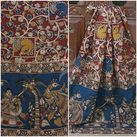 Red Handloom cotton kalamkari duppata with floral peacock and elephant motif.