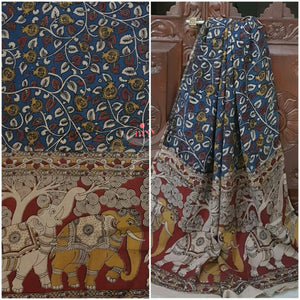 Blue Handloom cotton kalamkari duppata with floral  and elephant motif.