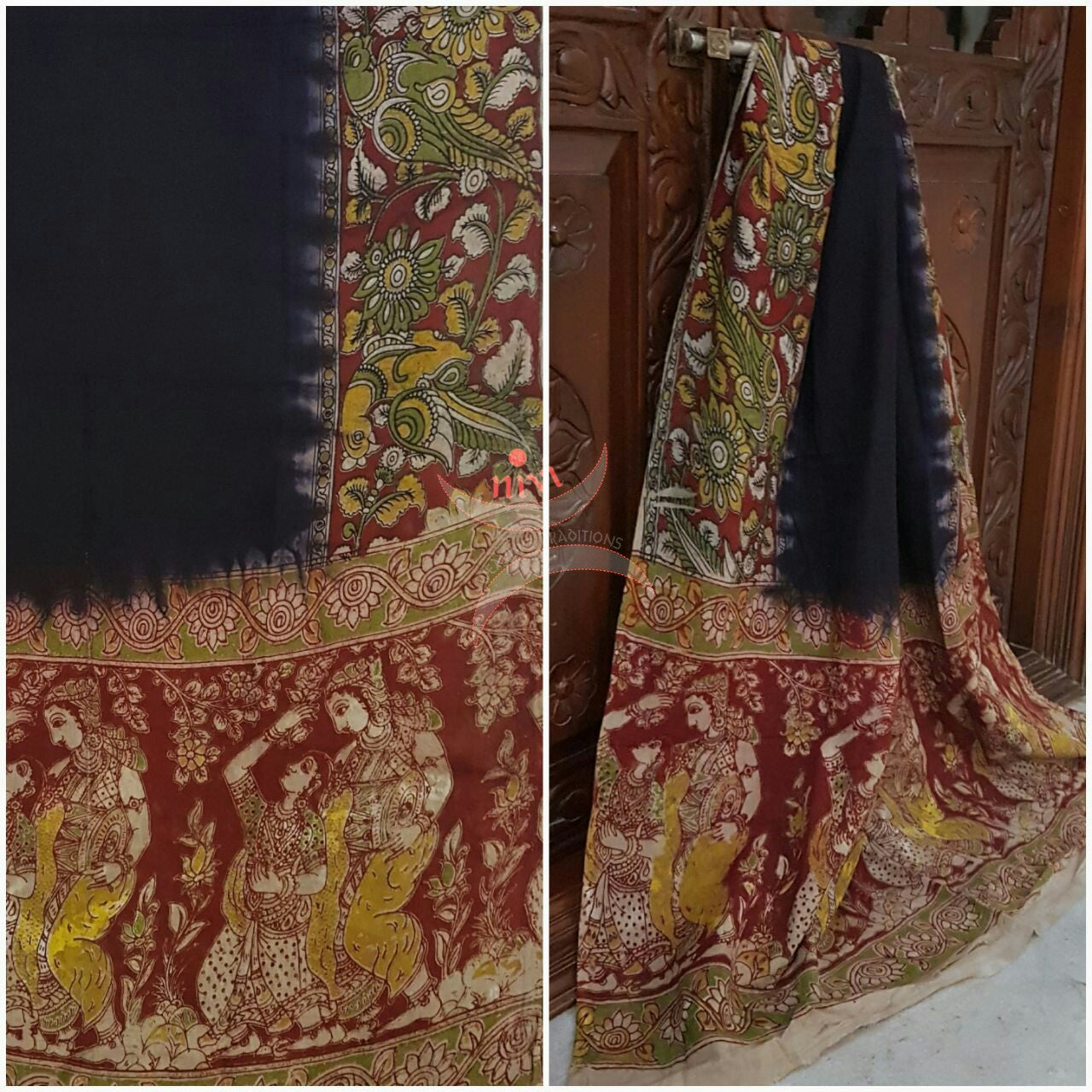 Black Handloom Mul cotton kalamkari duppata with Radha Krishna and parrot motif