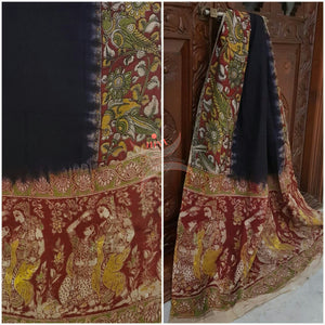 Black Handloom Mul cotton kalamkari duppata with Radha Krishna and parrot motif