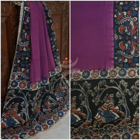 Purple Handloom Mul cotton kalamkari duppata with human figure and floral motif