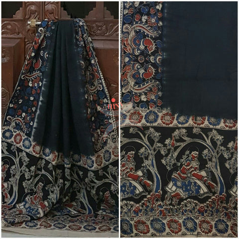 Black Handloom Mul cotton kalamkari duppata with Kathakali human figure and floral motif