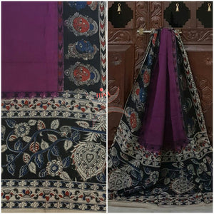 Purple Handloom Mul cotton kalamkari duppata with Kathakali face and floral motif