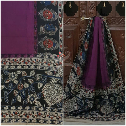 Purple Handloom Mul cotton kalamkari duppata with Kathakali face and floral motif