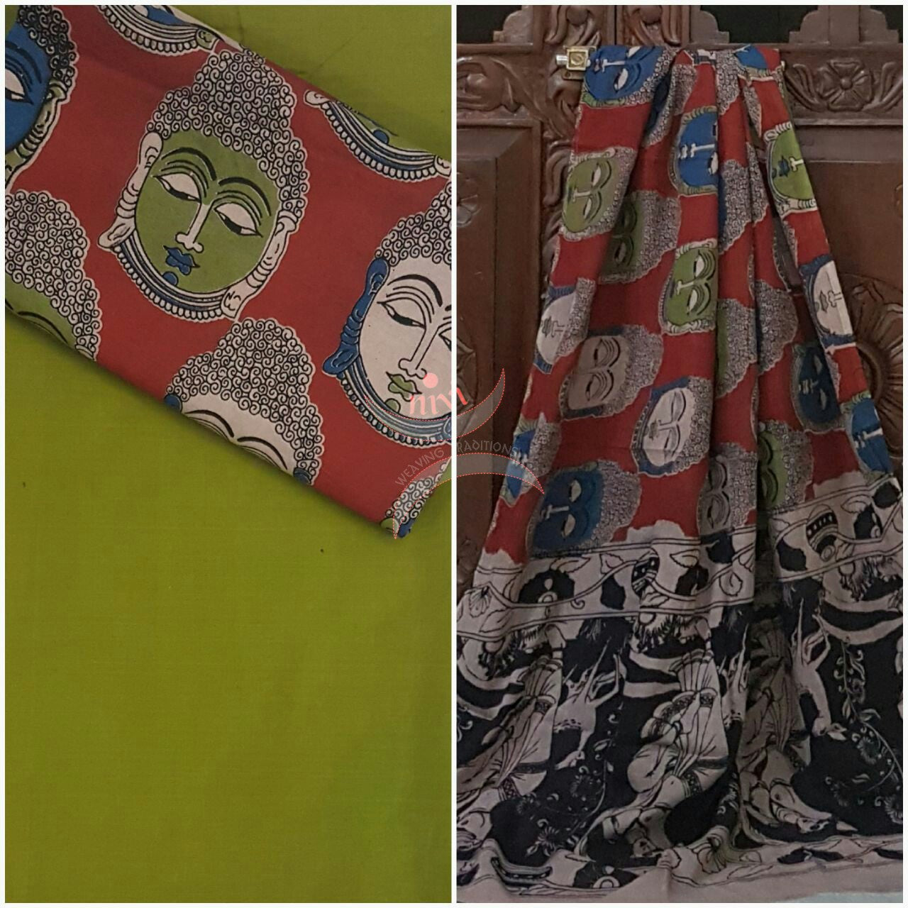 Handloom Mul cotton buddha motif print kalamkari with mangalgiri Cotton top.