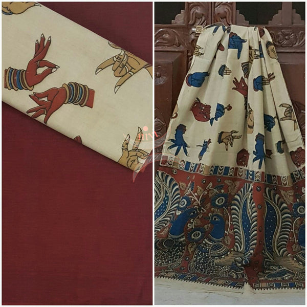 Handloom Cotton kalamkari with hand mudra motif