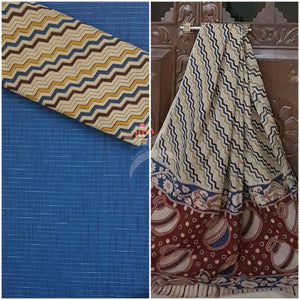 Handloom Mul cotton matka and diagonal stripe print kalamkari with mangalgiri Cotton top.