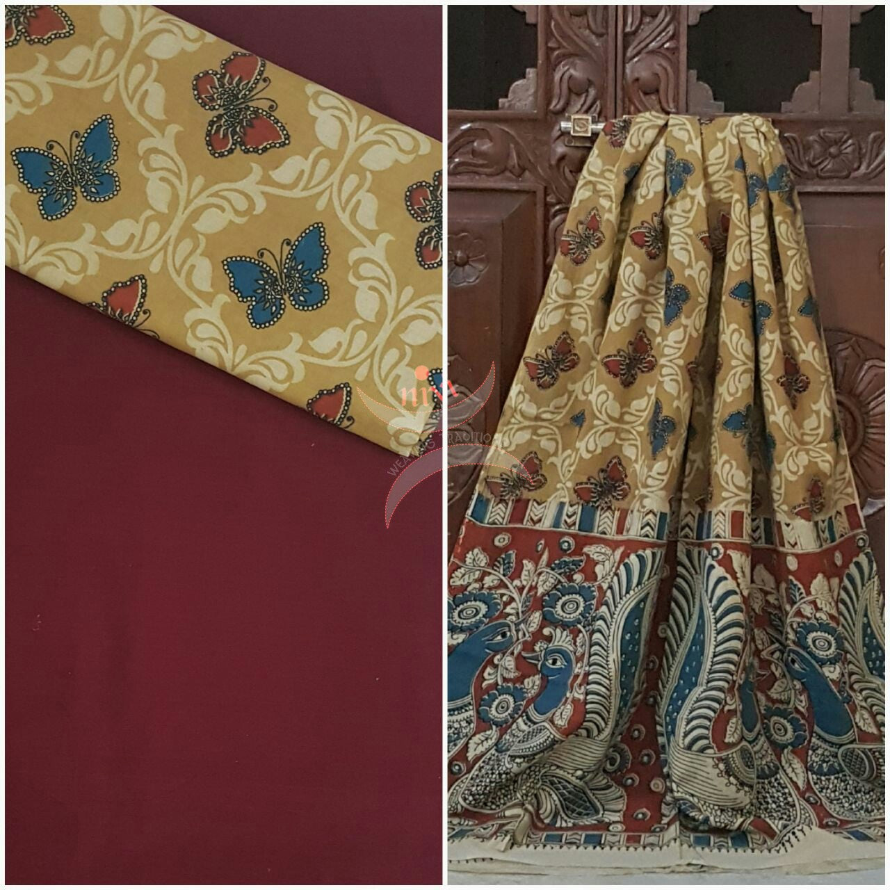 Handloom Mul cotton butterfly and peacock motif print kalamkari with mangalgiri Cotton top.