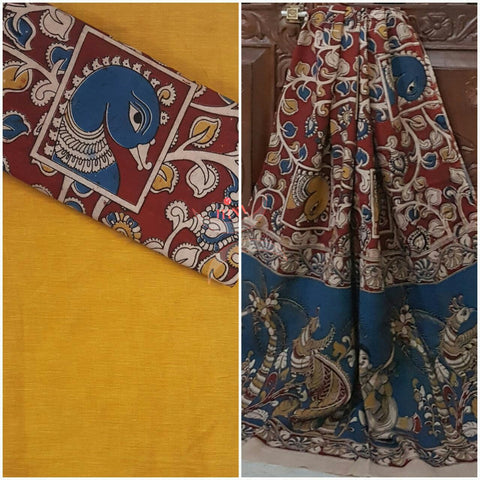 Handloom Mul cotton floral and peacock motif print kalamkari with mangalgiri Cotton top.