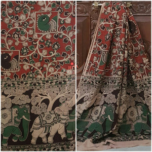 Red Handloom cotton kalamkari duppata with floral peacock and elephant motif.