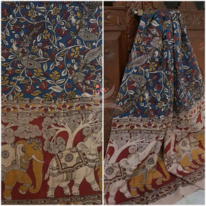 Blue Handloom cotton kalamkari duppata with floral peacock and elephant motif.