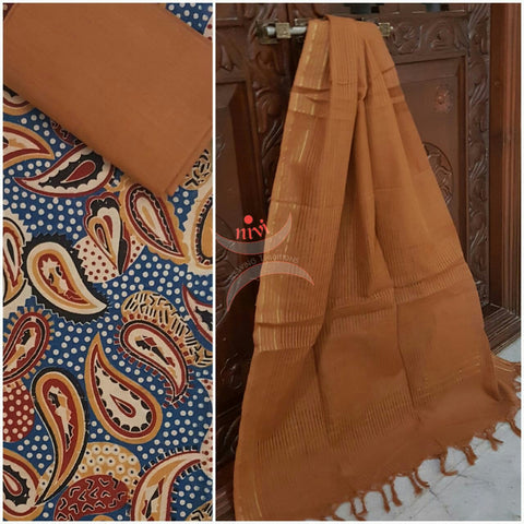 Blue handwoven kalamkari top with Paisley motif all over combined with light brown handwoven mangalgiri duppata and bottom