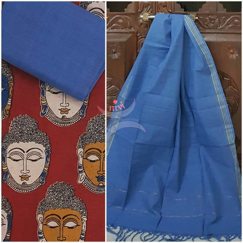 Red handwoven kalamkari top with Buddha motif all over combined with red handwoven mangalgiri duppata and bottom