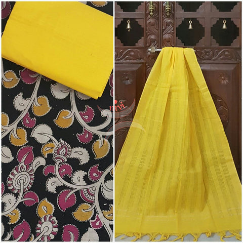 Black handwoven kalamkari top with floral motif all over combined with yellow handwoven mangalgiri duppata and bottom