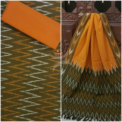 Green mustard pochampalli ikat Handloom Cotton dress material