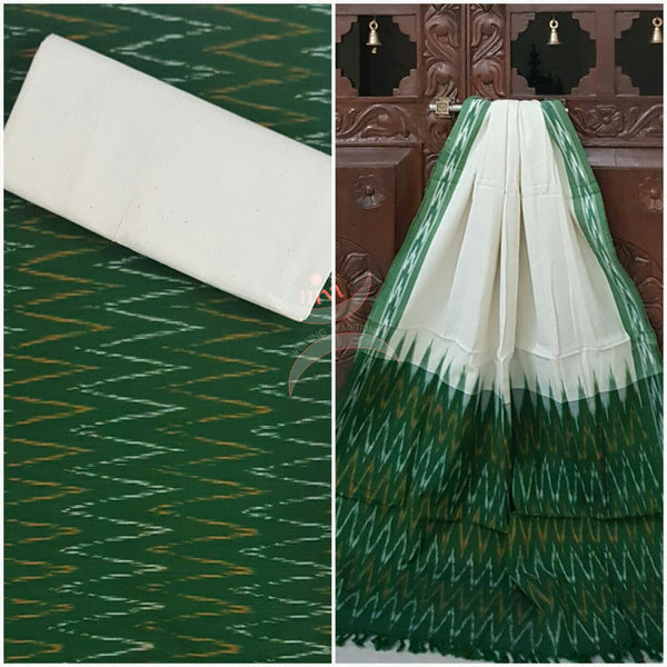 Green white pochampalli ikat Handloom Cotton dress material