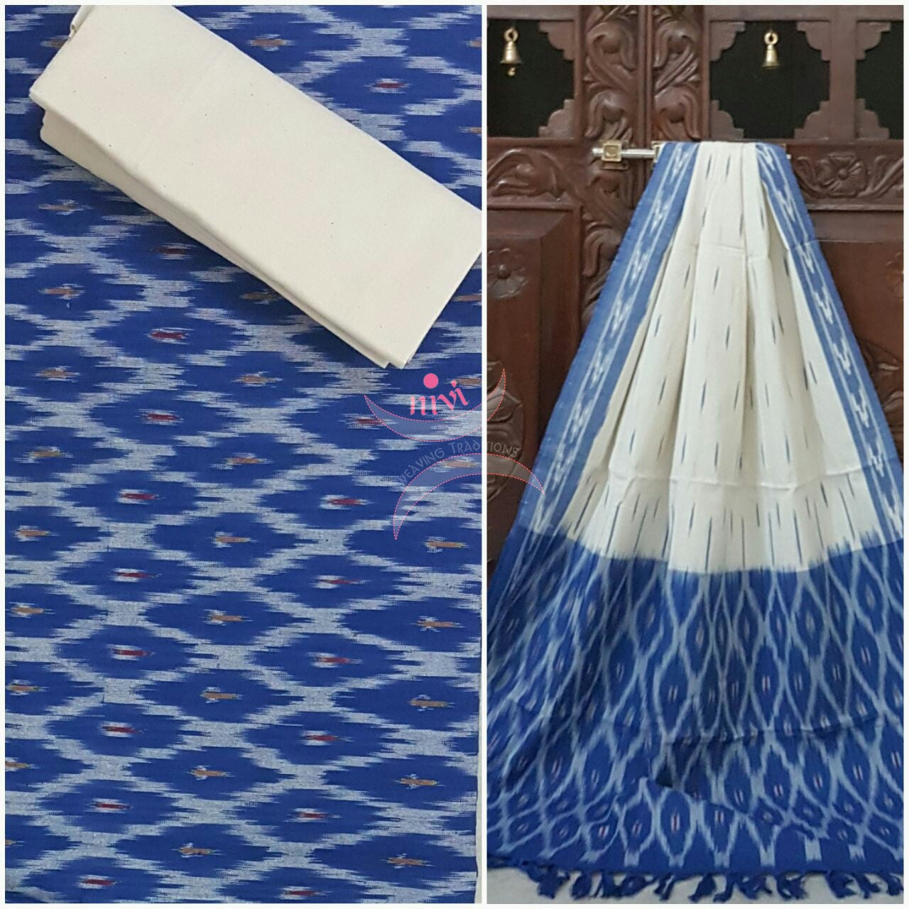 Blue white  pochampalli ikat Handloom Cotton dress material