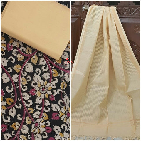 Black handwoven kalamkari top with floral motif all over combined with off white handwoven mangalgiri duppata and bottom