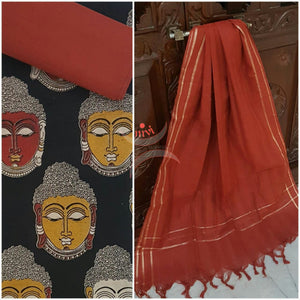 Black handwoven kalamkari top with Buddha motif all over combined with red handwoven mangalgiri duppata and bottom