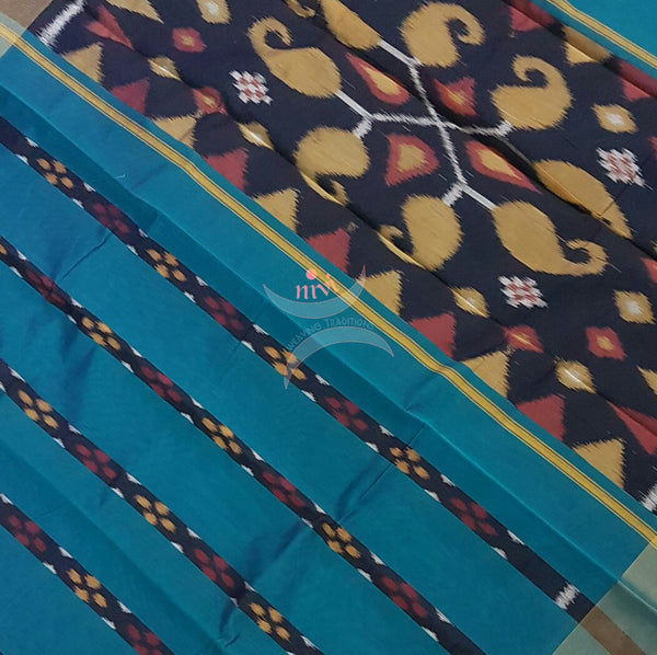 Blue Pochampalli ikat merserised cotton saree with tissue border.