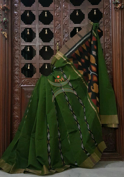 Mehendi Green Pochampalli ikat merserised cotton saree with tissue border.